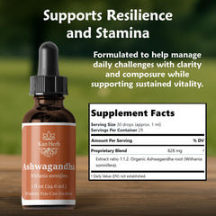 Kan Herb Ashwagandha bottle label highlights California production quality.