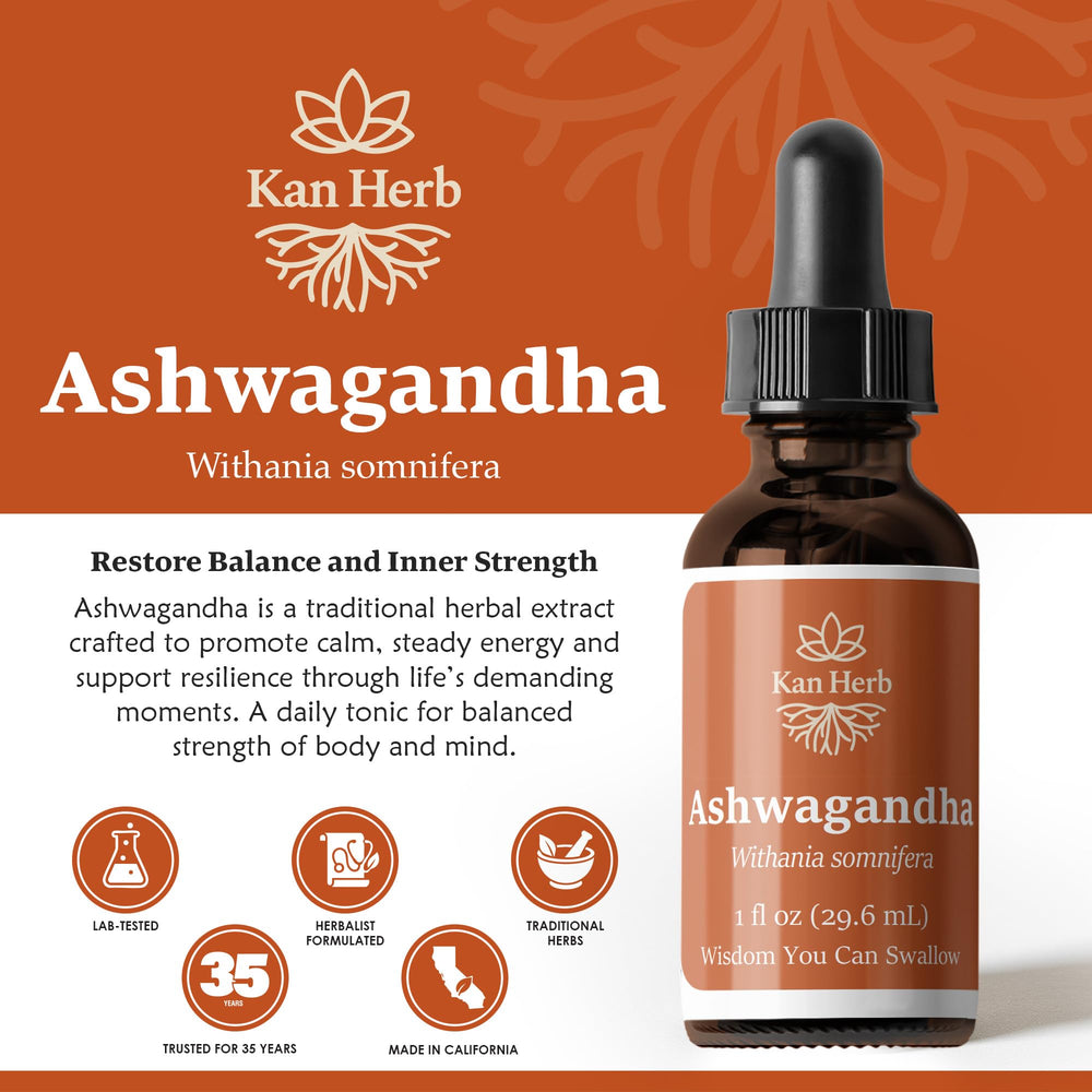 Kan Herb Ashwagandha liquid extract drops for steady daily resilience.