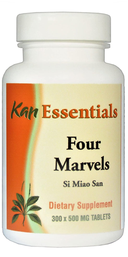 Kan Herbs Four Marvels bottle close-up promoting pet wellness and easy dosing.