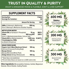 Kanacoufce SAM-e 1100mg bottle back shows dosage, vegan and gluten-free attributes.