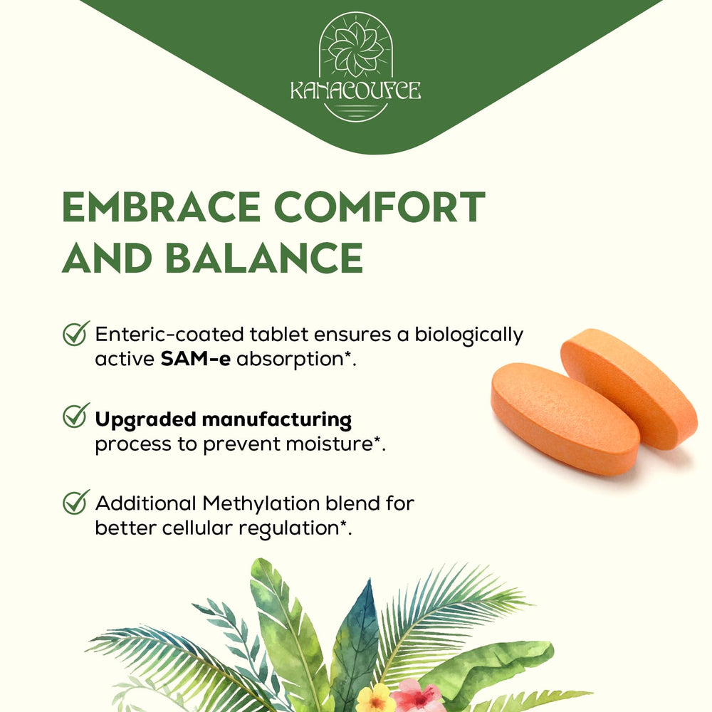 Kanacoufce SAM-e 1100mg vegan and gluten-free seal.