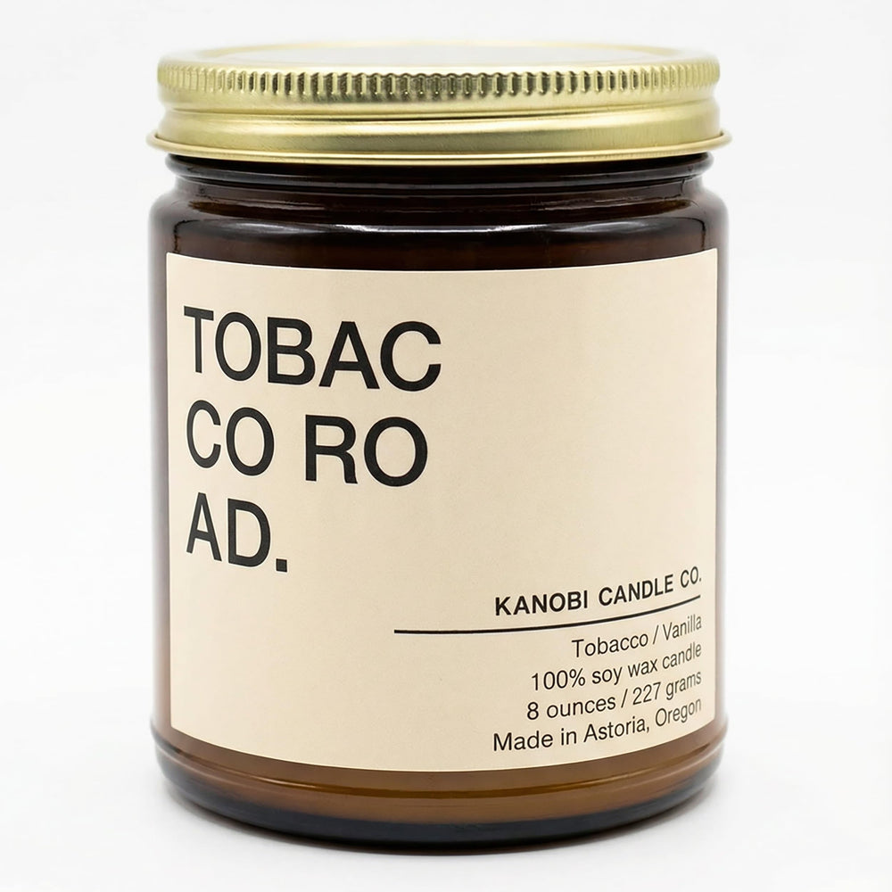 Kanobi Candle Co. Tobacco & Vanilla label close-up showing premium soy wax and fragrance