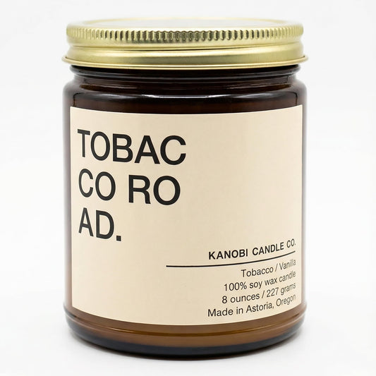 Kanobi Candle Co. Tobacco & Vanilla label close-up showing premium soy wax and fragrance
