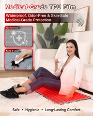 Kaoudt Red Light Mat leg-relief therapy on the couch.