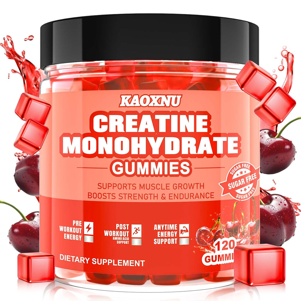KAOXNU Creatine Monohydrate gummies bottle front highlighting sugar-free vegan formula