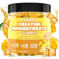 KAOXNU Creatine Monohydrate Gummies bottle display for convenient energy, endurance, and recovery support