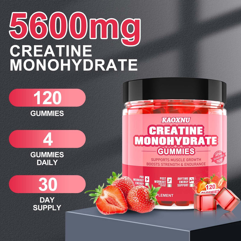 KAOXNU Creatine Monohydrate Gummies close-up showing tasty, sugar-free formula