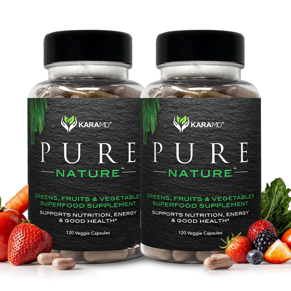 KaraMD Pure Nature greens-fruits-vegetables bottle demonstrates natural energy support.
