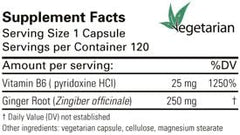Karuna Ginger-B6 bottle with label showing vegetarian capsules for daily digestive support