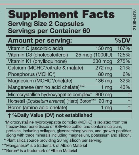 Karuna HydroxyCal label closeup shows whole-bone minerals for remineralization.
