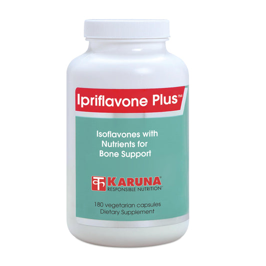 Karuna Ipriflavone Plus bottle front with 180 vegetarian capsules for bone health