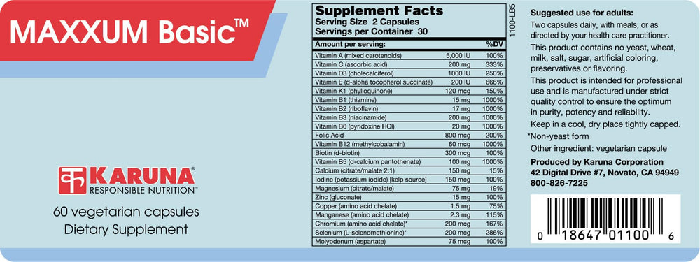 Karuna MAXXUM Basic 60 vcaps close-up for convenient two-a-day dosing.