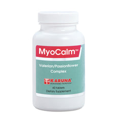 Karuna MyoCalm bottle front showing the relaxing supplement for neuromuscular support.