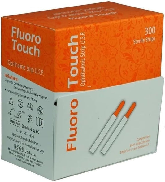 KASHSURG diagnostic fluoro touch strip packaging shows convenient single-use pouches for quick ophthalmic checks.