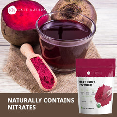 Kate Naturals beet root powder in a smoothie bowl, vibrant color and earthy flavor.