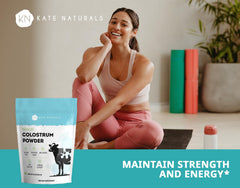 Label on Kate Naturals Colostrum powder highlighting gluten-free and sugar-free features.