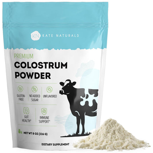 Kate Naturals Colostrum powder bottle on counter for daily gut support.