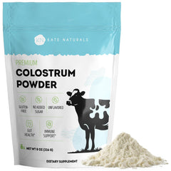 Kate Naturals Colostrum powder bottle on counter for daily gut support.