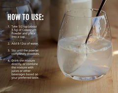 Kate Naturals Colostrum powder stirred into water for easy blending.