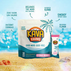 Kava Krave 30-pack display emphasizes long-term ritual for social moments.