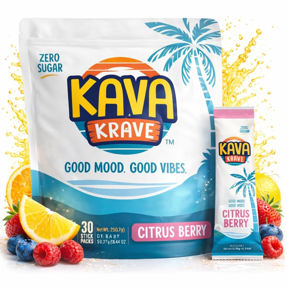 Kava Krave front packaging box for convenient daily energy and mood support.