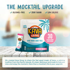 Kava Krave prepared drink in glass emphasizes refreshing citrus berry flavor.