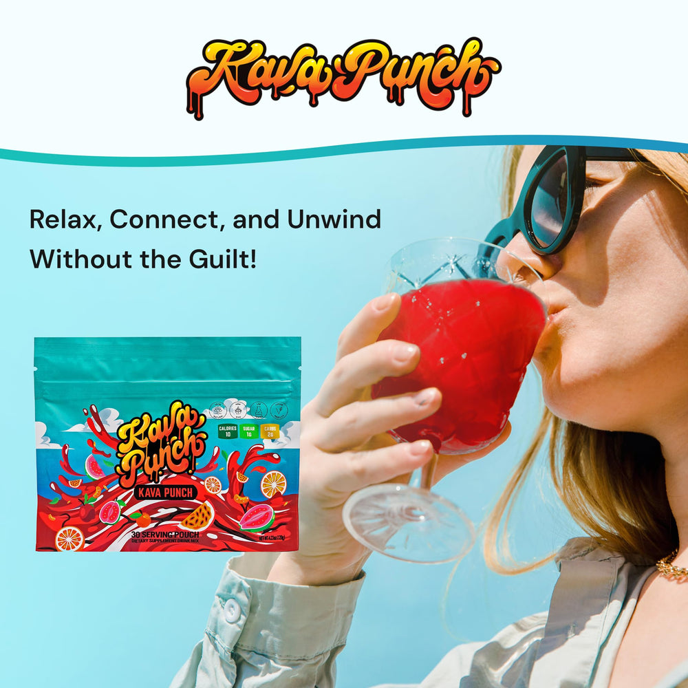 KAVA PUNCH label emphasizes natural ingredients and low calories.