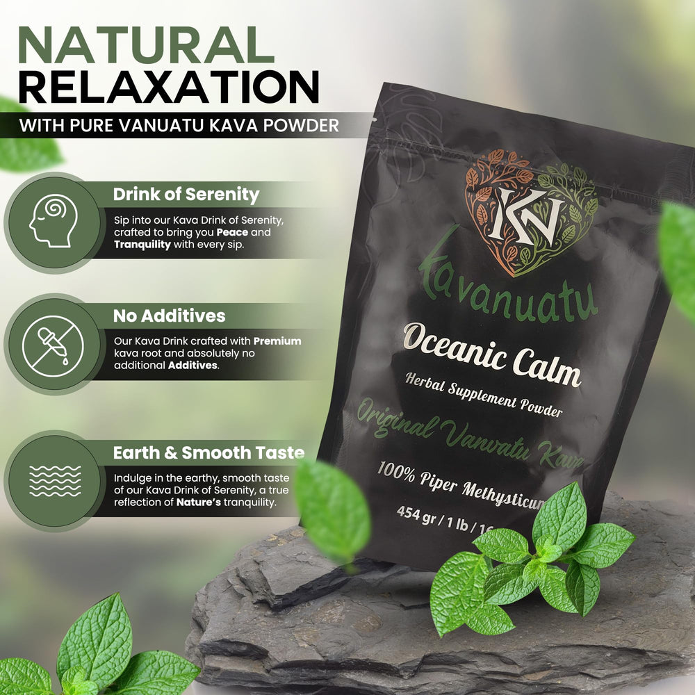 Kavanuatu Organic, Vegan, Non-GMO kava powder shown in bottle.