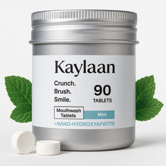 Kaylaan Mint Mouthwash Tablets in travel packaging emphasize fluoride-free, alcohol-free freshness for travel.
