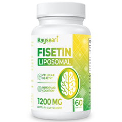 Kayseari Fisetin 1200mg liposomal bottle overview for purity and delivery.