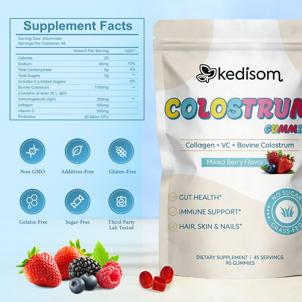 KEDISOM Colostrum Gummies label closeup emphasizes high-quality ingredients and purity.