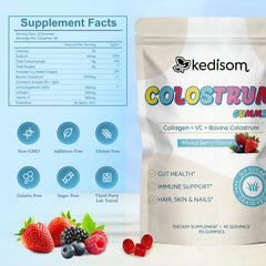 KEDISOM Colostrum Gummies label closeup emphasizes high-quality ingredients and purity.