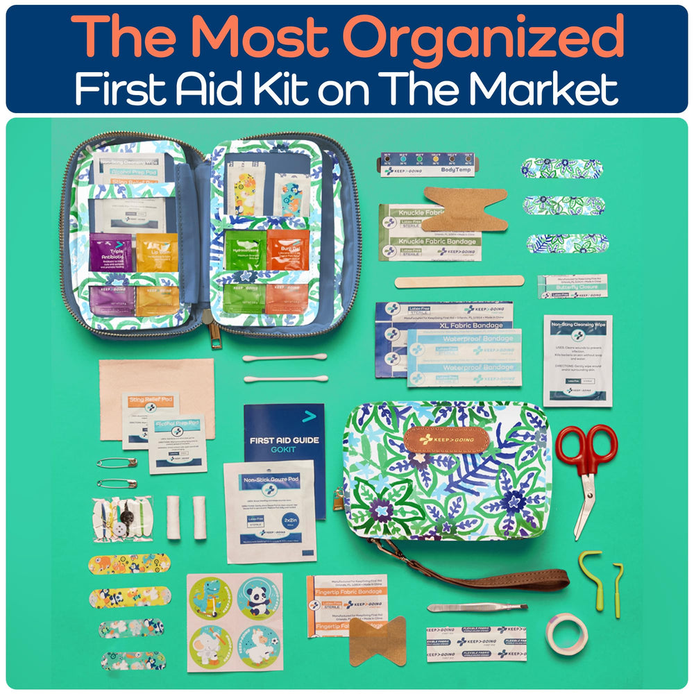 KeepGoing burn-relief wipes in kit for soothing minor skin incidents.