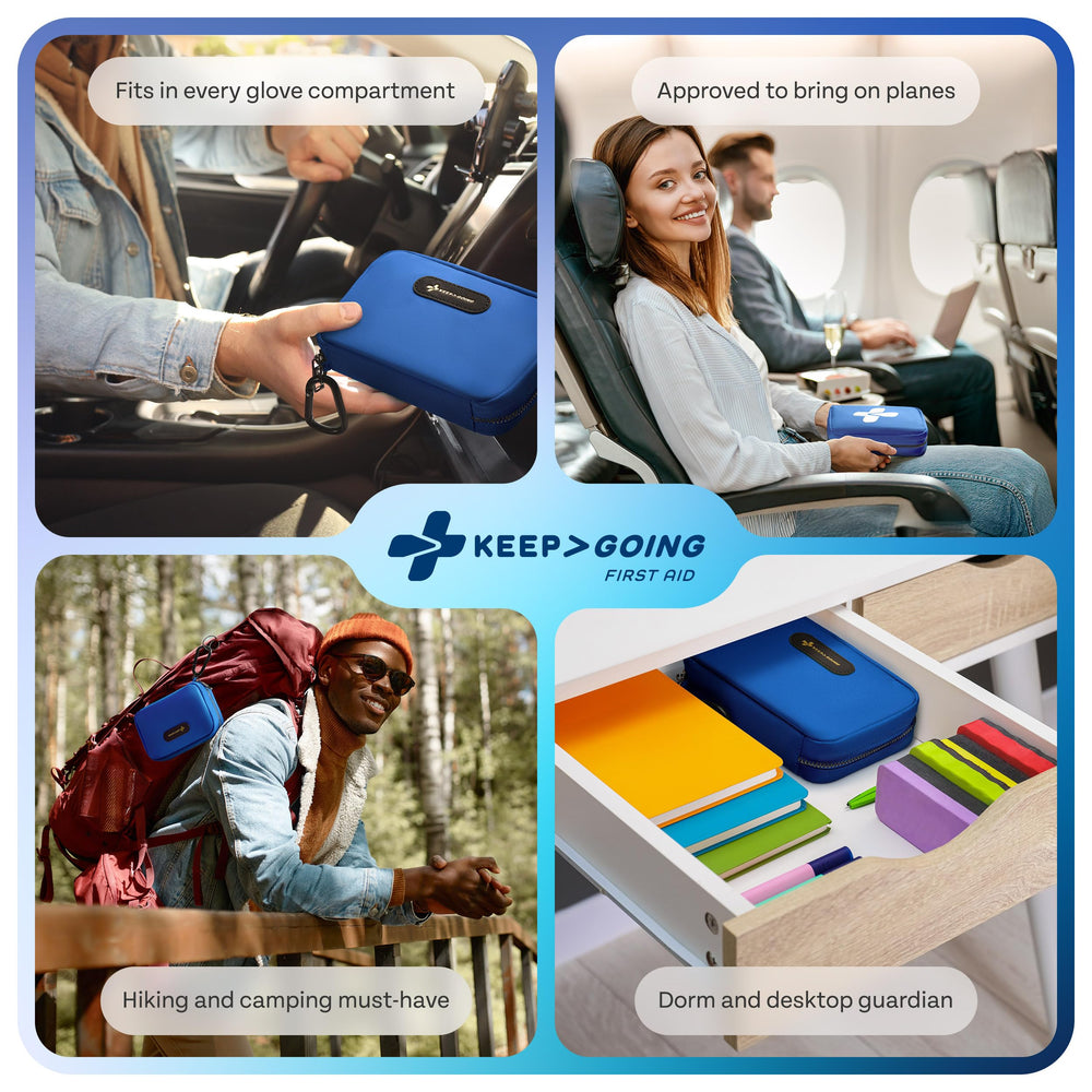 KEEP>GOING first aid guide inside for quick instruction.