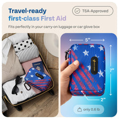 KEEP>GOING travel-size first aid kit open showing compact, organized layout for camping.