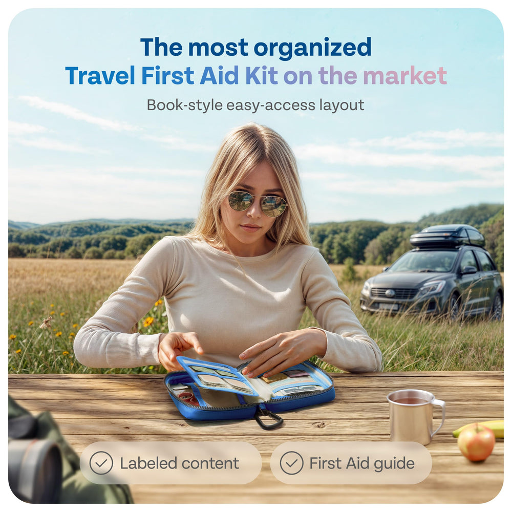 KEEP>GOING car-ready first aid kit with compact design for road trips.