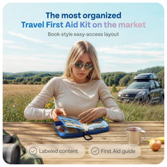 KEEP>GOING car-ready first aid kit with compact design for road trips.