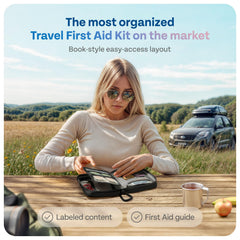 KeepGoing kit contents layout showing bandages and wipes for on-the-go care.