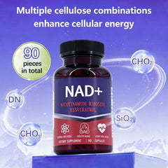 KEGECOL NAD supplement bottle label detail featuring resveratrol and antioxidants.