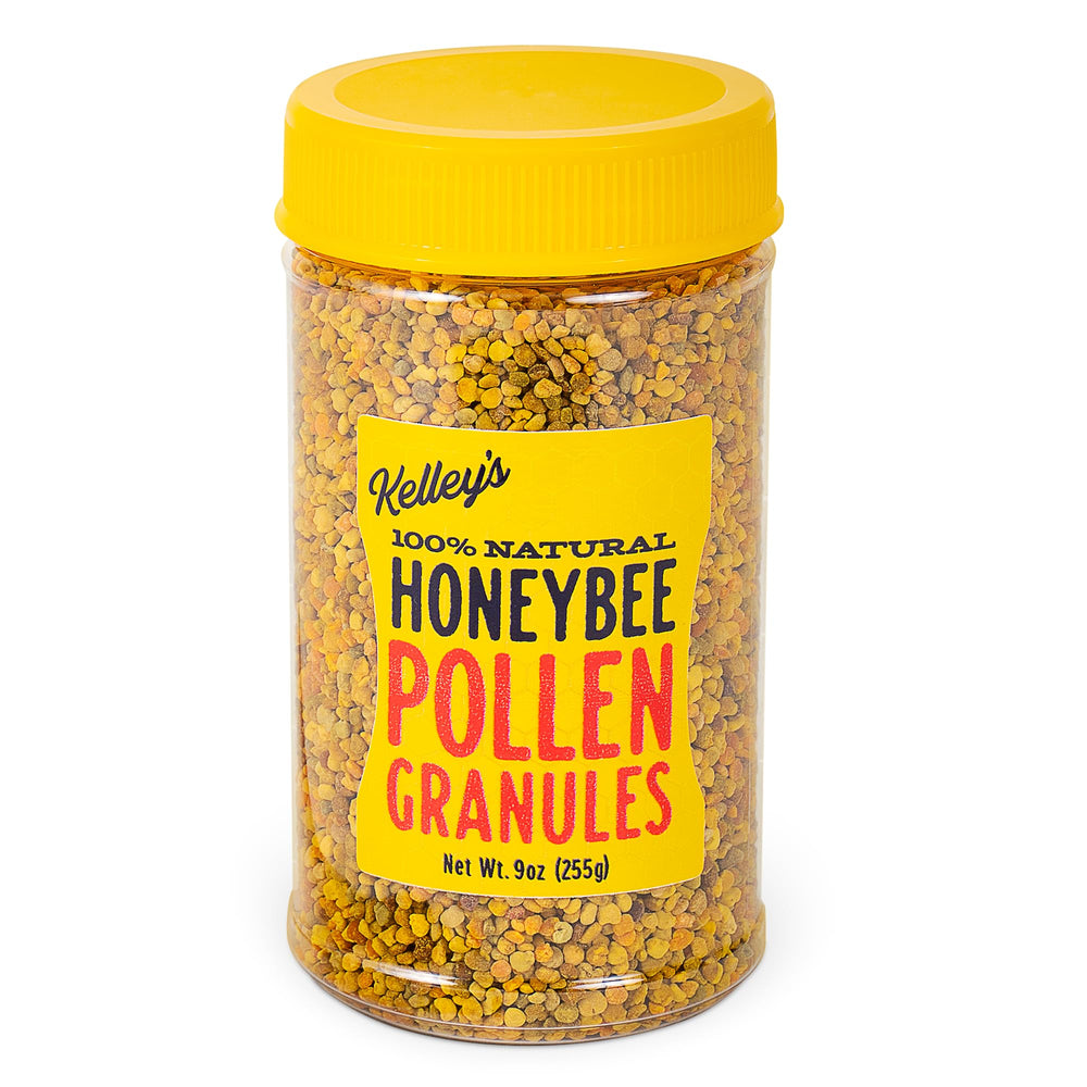 Kelley’s Bee Pollen 9 oz bag close-up shows pure raw granules for natural energy.