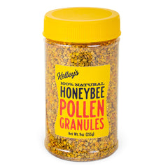 Kelley’s Bee Pollen 9 oz bag close-up shows pure raw granules for natural energy.