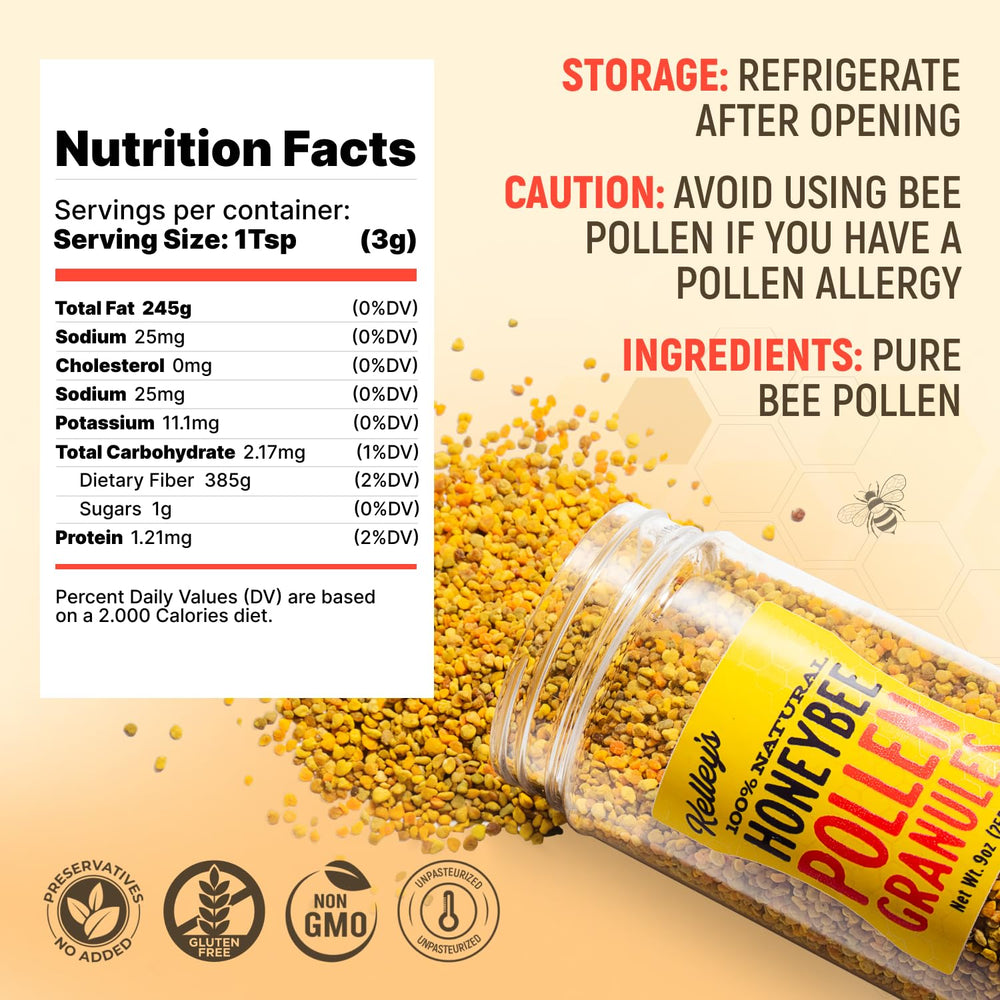 Kelley’s Bee Pollen GO TEXAN label signals certified purity and trusted sourcing.