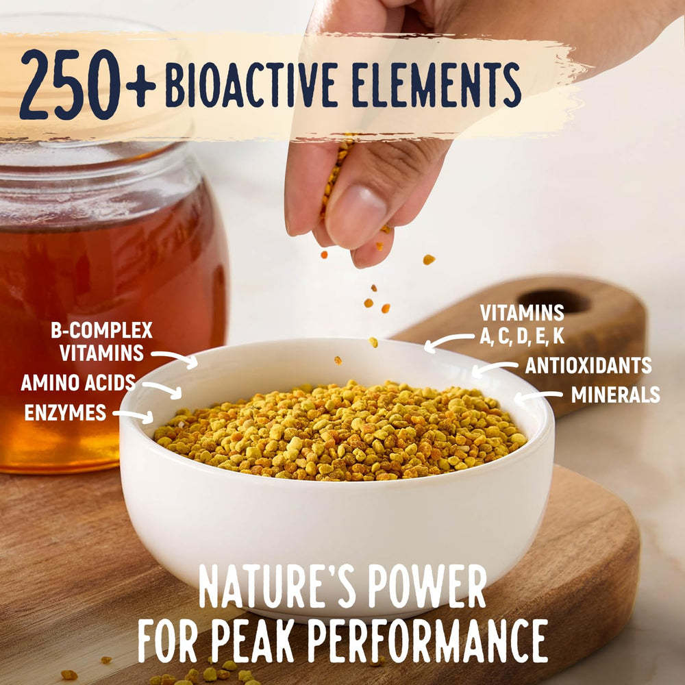 Kelley’s Bee Pollen nutrition profile highlights vitamins, minerals, and amino acids.