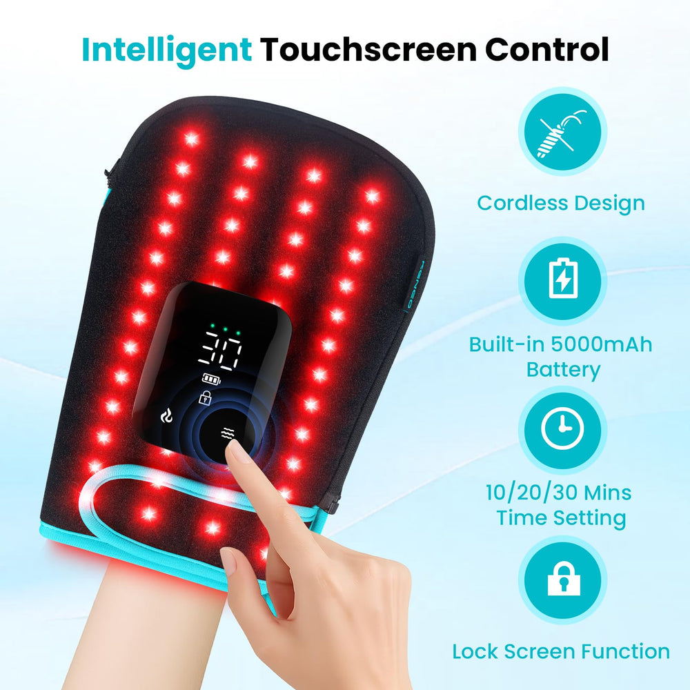 Keneo Red Light Gloves in-use image shows home therapy session.