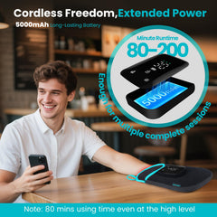 Cordless design and a 5000mAh battery enable portable use.