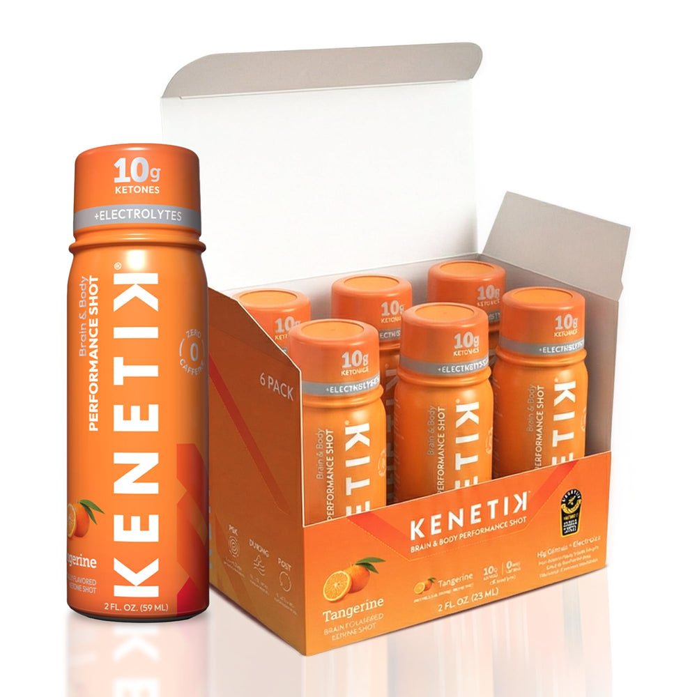 Kenetik caffeine-free focus shot in a tangerine bottle for clean, on-the-go clarity.