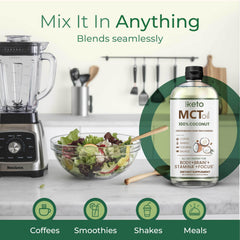 Keppi MCT Oil dressing drizzle on salad highlights neutral taste.