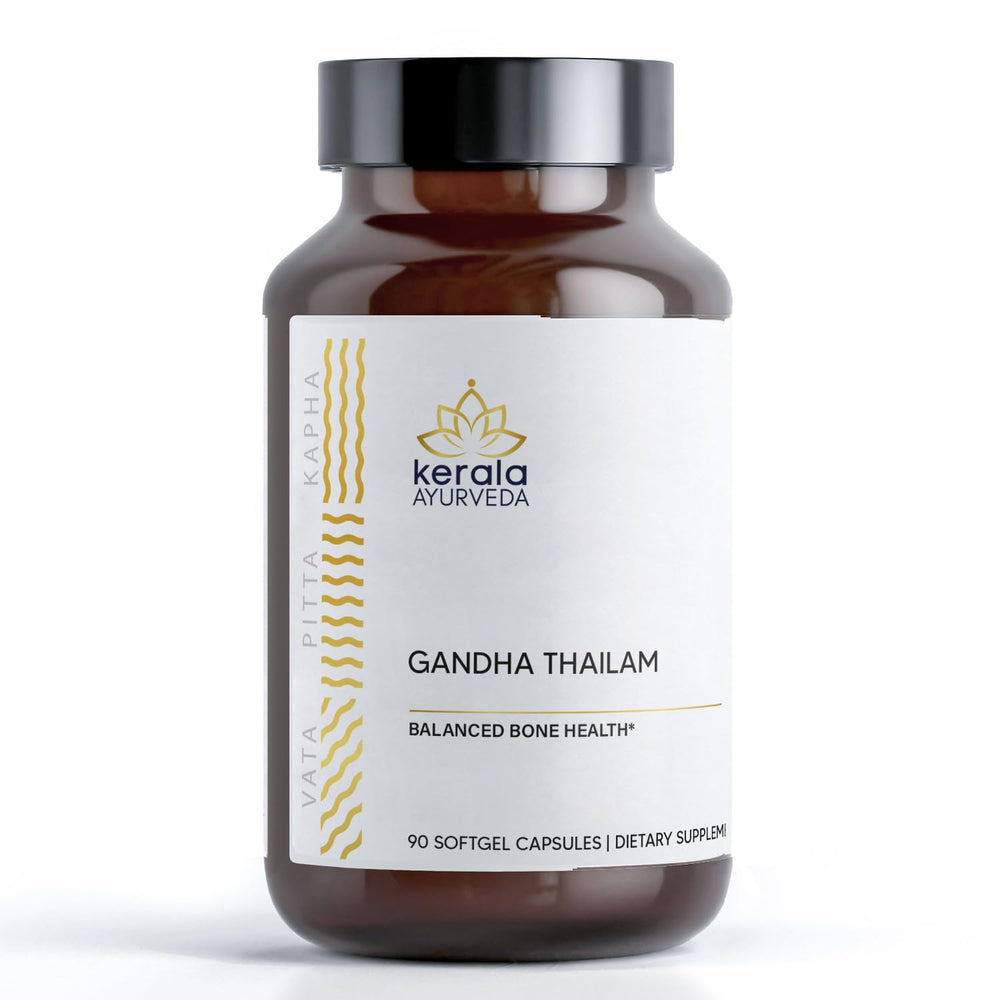 Kerala Ayurveda Gandha Thailam Capsules bottle for balanced bone health.
