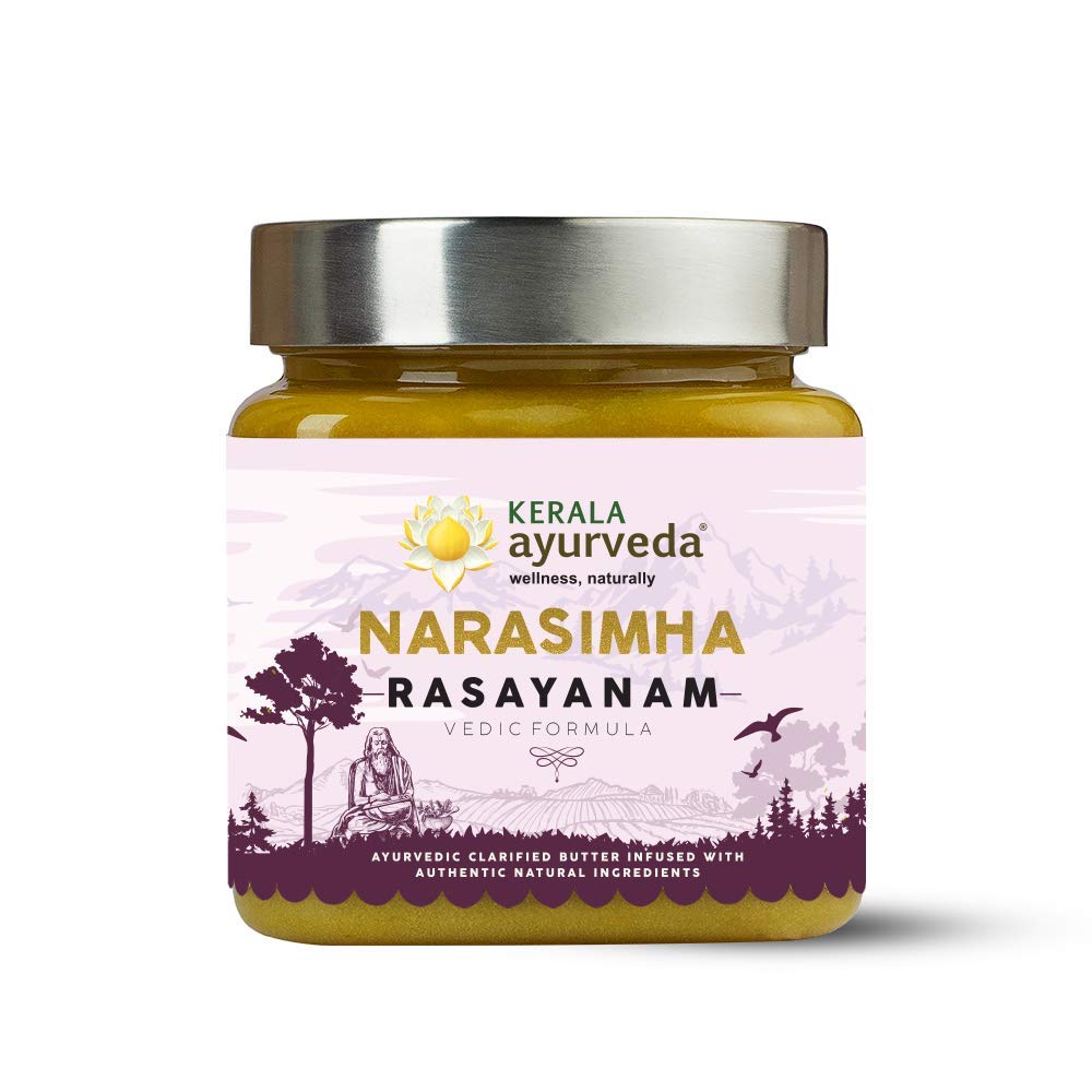 Kerala Ayurveda Narasimha Rasayanam jar view showing rich ghee-based tonic for daily nourishment