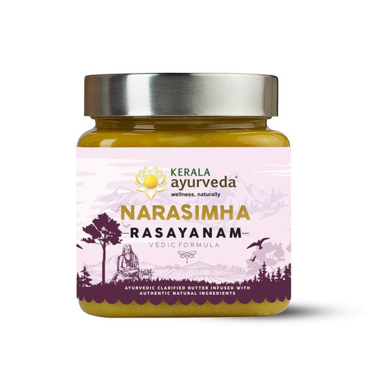 Kerala Ayurveda Narasimha Rasayanam jar view showing rich ghee-based tonic for daily nourishment